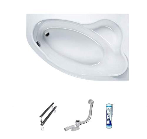ECOLAM Badewanne Eckwanne Comfort 150x100 cm RECHTS Acryl weiß Ablaufgarnitur Ab- und Überlauf Automatik Füße Silikon