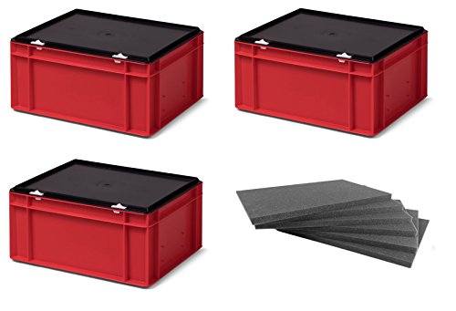 3 Stk. Stapelkasten mit Deckel TKS-417 inkl. 30x Rasterschaumstoff-Einlagen, Maße: 400x300x186 mm (LxBxH), Farbe: rot