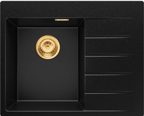 Spülbecken Schwarz 62x50 cm, Granitspüle 1 Becken + Ablauf-Set mit Goldenem Siphon, Küchenspüle ab 40er Unterschrank, Einbauspüle von Primagran
