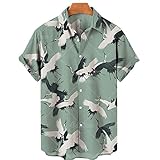 Herren Hawaii Hemd,Beach Casual Hawaii Shirt, Red Crowned Crane Pattern 3D Print Green Button Up Shirt, Herren Sommermode Shirt Für Strandspiel Und Alltagskleidung,L