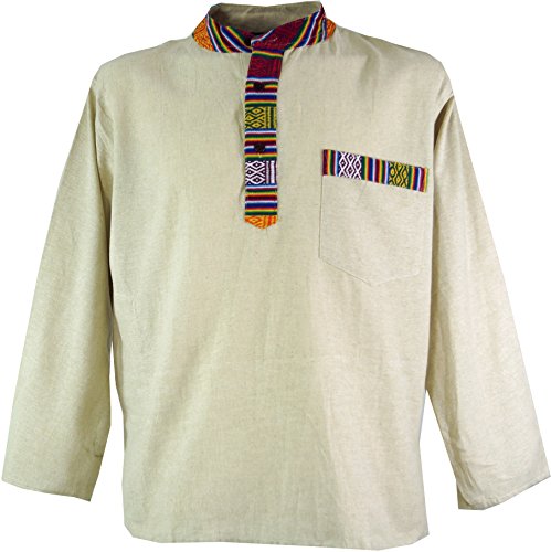 Guru-Shop Nepal Ethno Fischerhemd, Goa Hemd, Herren, Creme, Baumwolle, Size:L, Männerhemden Alternative Bekleidung