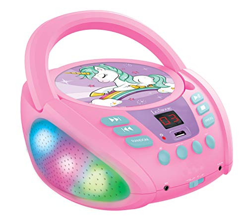 Lexibook RCD109UNI Einhorn-Bluetooth-CD-Player für Kinder-Tragbar, Lichteffekte, Mikrofonbuchse, Aux-In, Akku oder Netz, Mädchen, Jungen, Lila