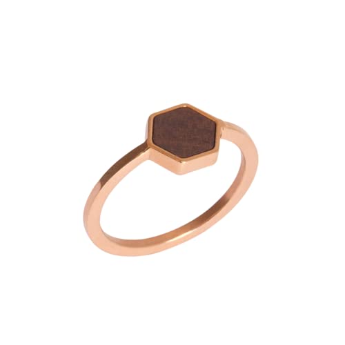 Kerbholz - Holzschmuck Damen - Hexa Ring Rosegold - dünner Damen Schmuck Ring in rosegold - Edelstahlring mit echtem Holz - Schmuck Geschenk für Frauen (Roségold, XS)