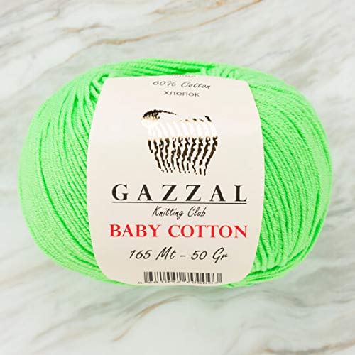 5 Madejas de algodón Gazzal Baby Cotton cada una de 50 g/150 gardas 165 m, suave y fino, 60% algodón, Verde Claro - 3427