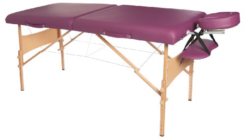Massage- / Therapieliege, Behandlungsliege, Naturholzgestell, zusammenklapp- und tragbar, höhenverstellbar, bordeauxrote Polsterung