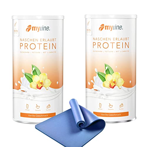 Myline Doppelpack Protein Eiweißshake + Gymnastikmatte, Yogamatte Gepolstert & rutschfest für Fitness Pilates (Vanille-Vanille)