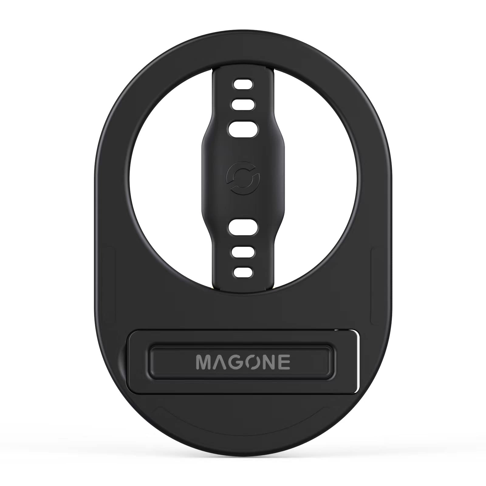EWA The MagOne Plus Handyständer mit Silikon-Fingerschlaufe, abnehmbarer magnetischer Klapp-Ständer, kompatibel mit MagSafe, Starke Magnete haften an Metall, für iPhone 14, 13, 12 Pro/Max/Plus-Schwarz