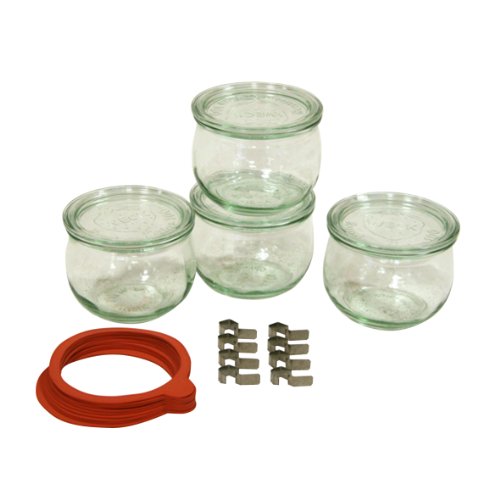 Weck Einkochgläser-Set - Einkochglas 4 Stück a 0,5 Liter - Einweckglas-Set mit Gummiring 5 Stück - Einwegglas mit Klammern 8 Stück - Einwegglaeser-Set mit Deckel - Sturzglas spülmaschinengeeignet