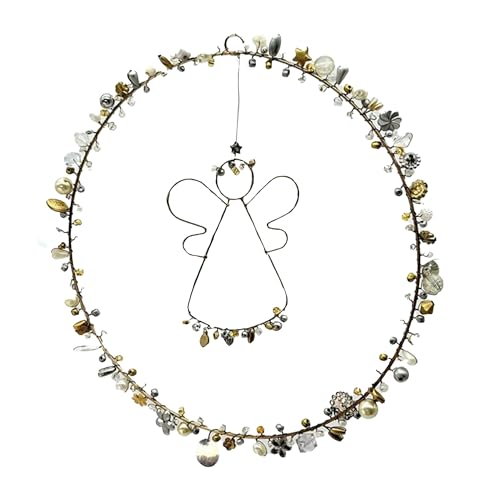 Fensterdeko Perlenkranz 20cm, Fensterschmuck Draht-Engel, Gold, hängend, Kranz aus Perlen