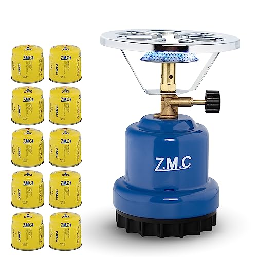 ZMC 2in1 Campingkocher tragbarer Gaskocher einflammiger 1100 W Outdoor Kartuschenkocher Herd + 10x Gaskartuschen Stechgaskartusche (je 190g)
