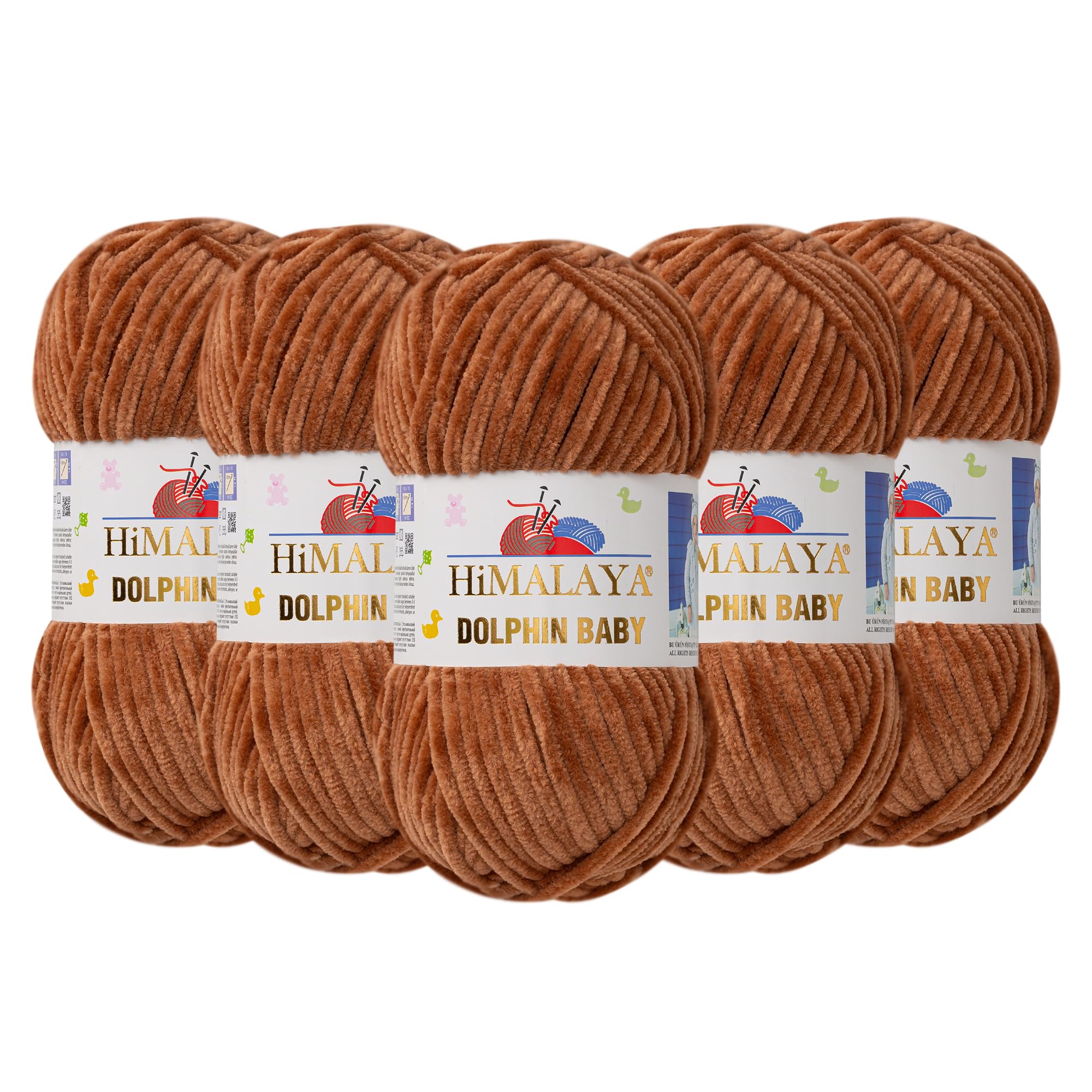 5 Knäuel (Packung) Himalaya Dolphin Baby Chenille-Garn, 100 % Polyester, jeder Strang 100 g, 120 m, 6: Super Bulky, Braun – 80337