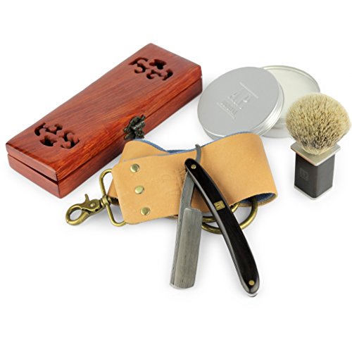 A.P. Donovan - Luxus 7/8" Rasiermesser mit Damast-Muster - Sandelholz - mit Paste, Seife, Schatulle, Pinsel, Streichriemen - Komplett-Set