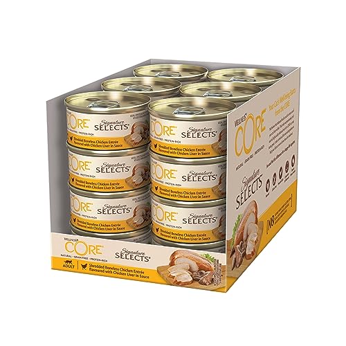 Wellness CORE Signature Selects / Katzenfutter Nass / Getreidefrei / Hoher Fleischanteil / Shredded, Huhn & Hühnerleber in Sauce, 24 x 79 g Dosen