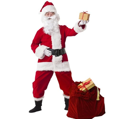 GJPINGA Weihnachtsmann-Kostüm für Herren, Kostüm für Herren, Anzug für Erwachsene, Herrenkostüm, Jacke für Herren, leuchtend roter Flanellanzug mit Handschuhen A,M