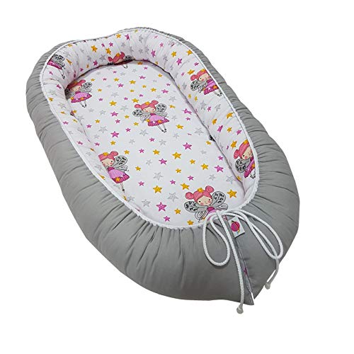Babymajawelt® multifunktionales Babynest Bettverkleinerung (90 x 55 cm) Baby - Reisebett Nestchen für Neugeborene (Tänzer-Fee grau)