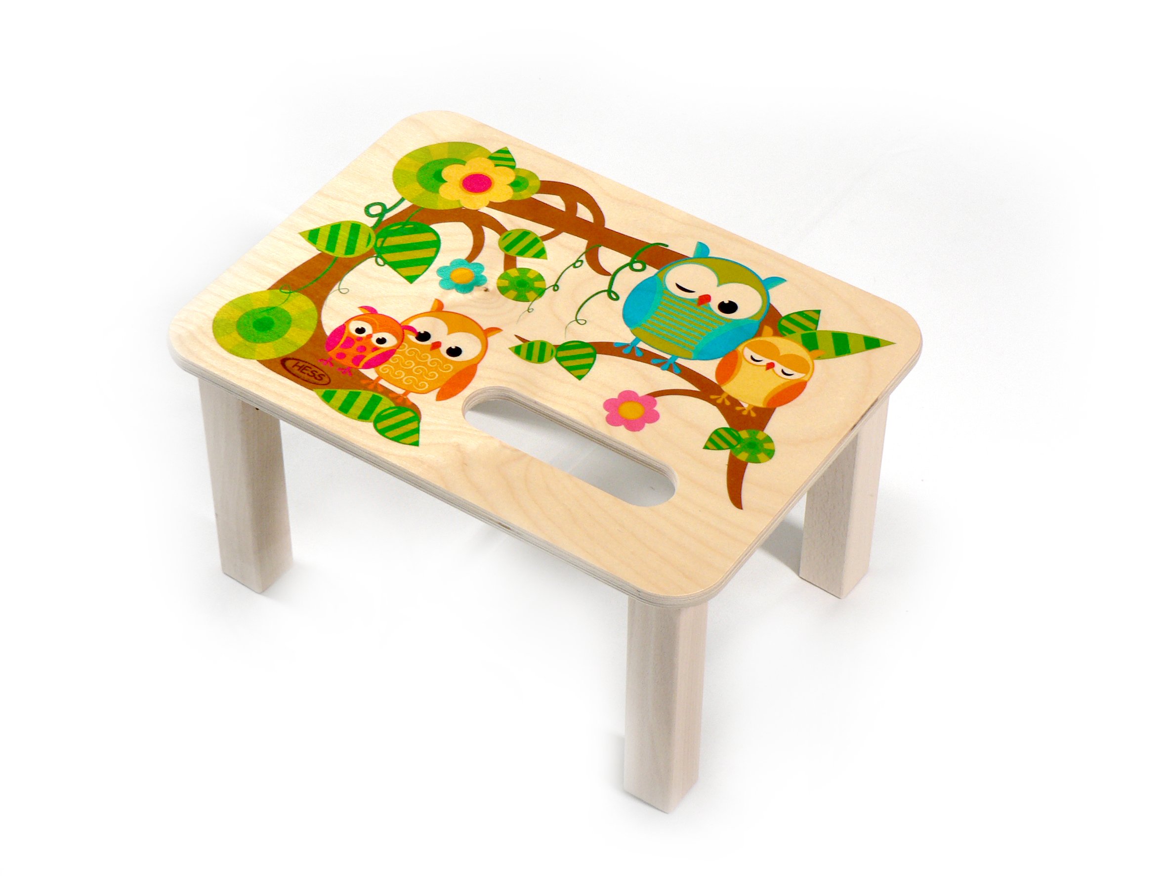 Hess Holzspielzeug 30283 - Fußbank aus Holz für Kinder, Serie Eule, handgefertigt, ca. 33 x 24 x 18 cm groß, zum Sitzen und als Erhöhung beim Stehen