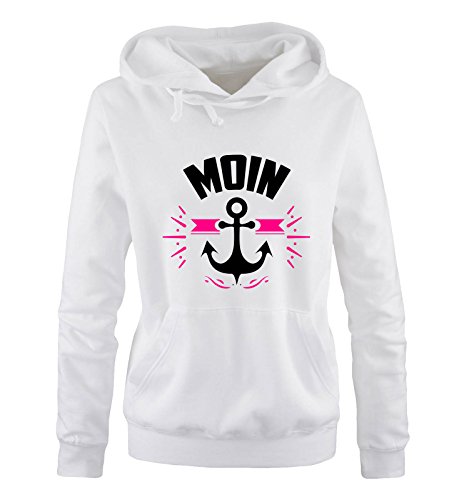 Comedy Shirts - Moin - Anker - Damen Hoodie - Weiss / Schwarz-Pink Gr. XL
