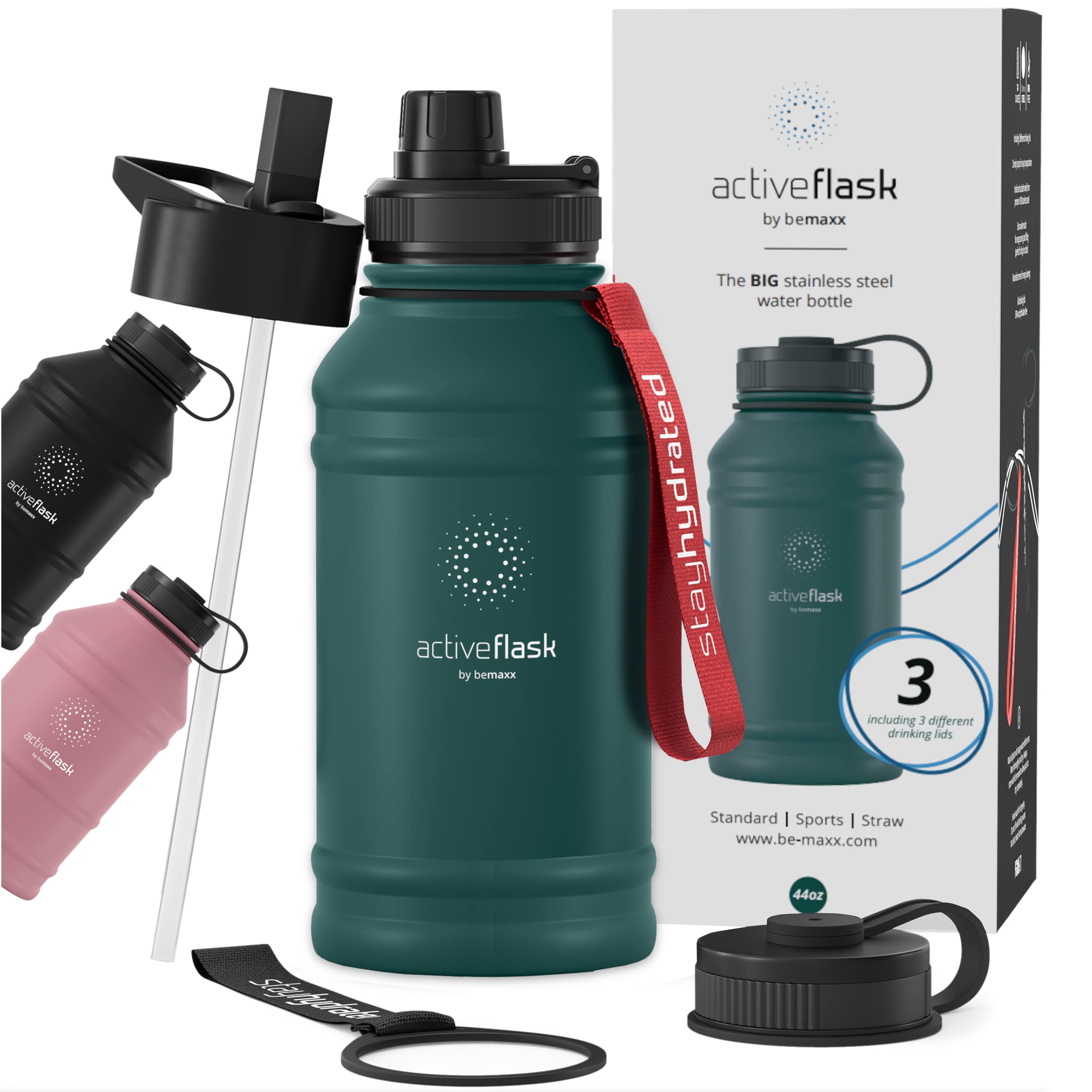 BeMaxx Trinkflasche Edelstahl ACTIVE FLASK + Strohhalm (3 Deckel) | Große 1,3 Liter Sportflasche BPA-frei Auslaufsicher Kohlensäure geeignet, 2l XL Wasserflasche Sport Outdoor Fitness Wasser Flasche