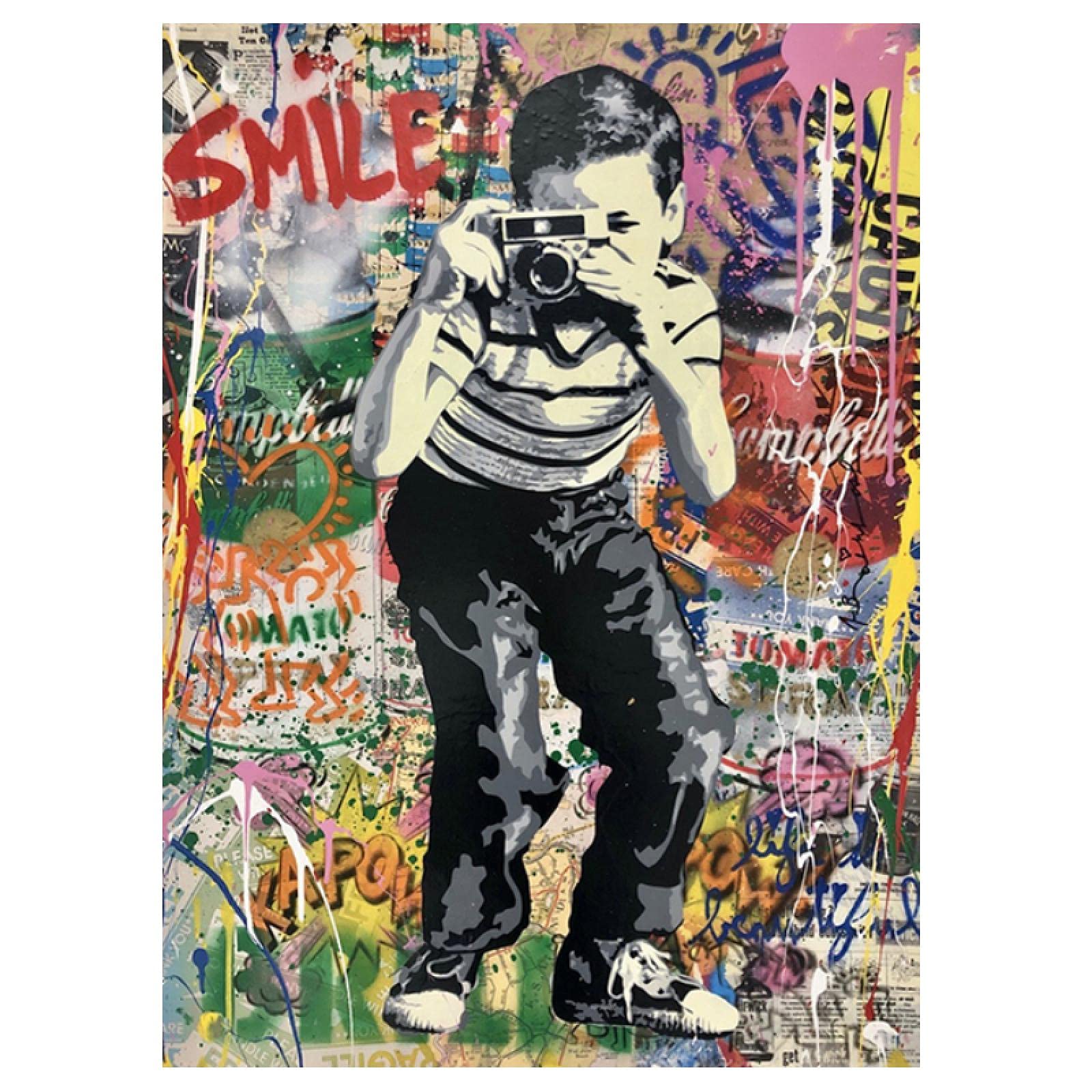 Poster Bilder Bunte Banksy Art Graffiti Fotografieren Junge Leinwand Malerei Wandkunst Poster Drucke Wandbilder Wohnzimmer Wandbild 70x100cm/27,6"x39.4" Rahmenlos