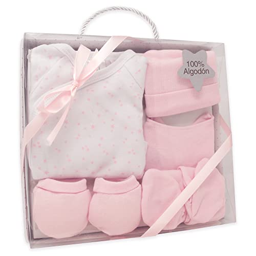 Duffi Baby 5-teiliges Baby-Set für Neugeborene, 5-teilig, Geschenkset für Babys, 1. Set für Babys, Jacke, Gamaschen, Lätzchen, 100 % Baumwolle, Modell 0984-06, Rosa