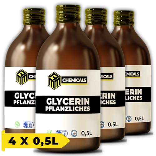MRM CHEMICALS 4x Pflanzliches Glycerin 99,5% 0,5L Glasflasche Rein Pharmaqualität Lebensmittelqualität für Desinfektion Kosmetik, Glyzerin Glycerol Natürlich Transparent