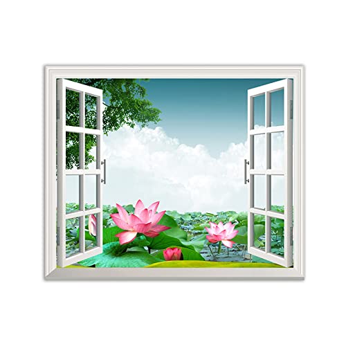 3D Fensterblick Bild auf Leinwand,Landschaftsbilder auf Leinwand,Lotusblätter Blumen,Natur Druck auf Leinwand,Leinwandbilder für Wohnzimmer,Poster und Drucke 80x96cm Rahmenlos