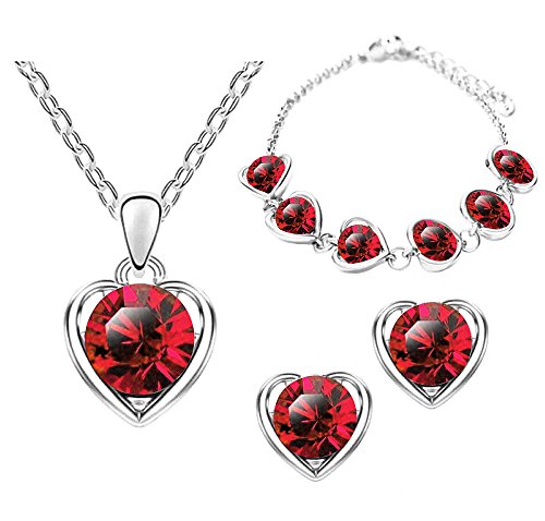 Mianova Damen 3 teiliges Set Silber in Herz Form mit runden Swarovski Elements Kristallen - Ohrringe Armband und Kette Rot