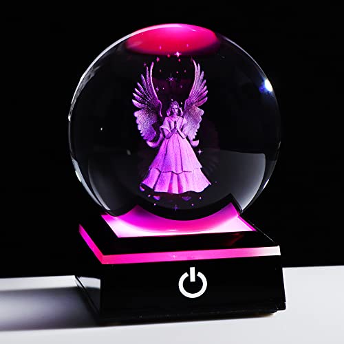8CM Kristall 3D Schutzengel Figuren Kugel mit LED Lampe Ständer, Engel mit Flügeln Glas Ornamente, Engel Geschenke für besondere Menschen