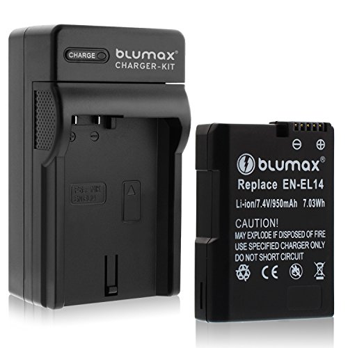 Blumax Akku für Nikon EN-EL14 / EN-EL14a 950mAh + Ladegerät für EN-EL14 / EN-EL14a | passend zu Nikon DF-D3100-D3200-D3300-D3400-D5200-D5300-D5400-D5500 | Coolpix P7000-P7100-P7700-P7800
