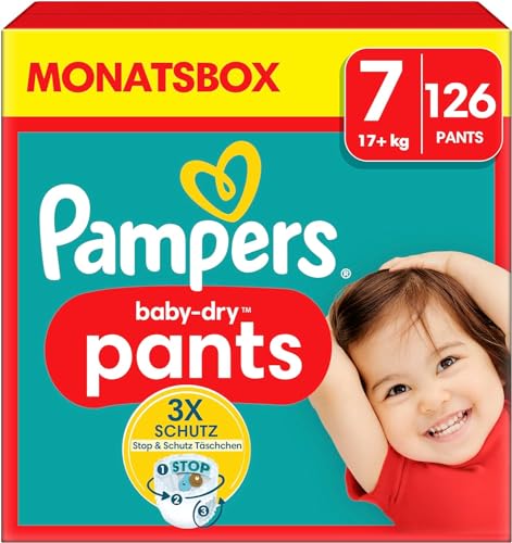 Pampers Baby-Dry Pants Größe 7, 126 Windeln, 17kg+, Mit Stop und Schutz Täschchen, Das Hilft, Auslaufen Am Rücken Zu Verhindern