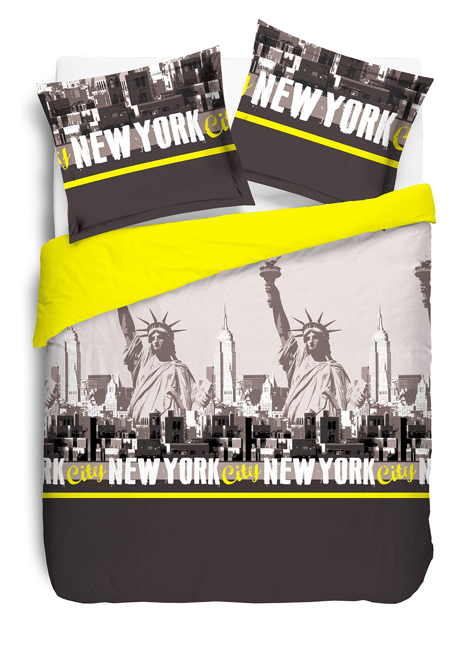 Vision New York Bettbezug mit 2 Kissenbezügen, Baumwolle, Baumwolle, gelb, 200 x 200 cm