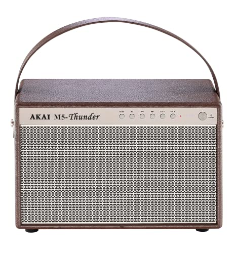 AKAI Retro Bluetooth Lautsprecher mit Leder-Optik mit Griff - Tragbare Bluetooth 5.0 Speaker Box für Indoor & Outdoor im Vintage Look, USB, Aux-In, Braun