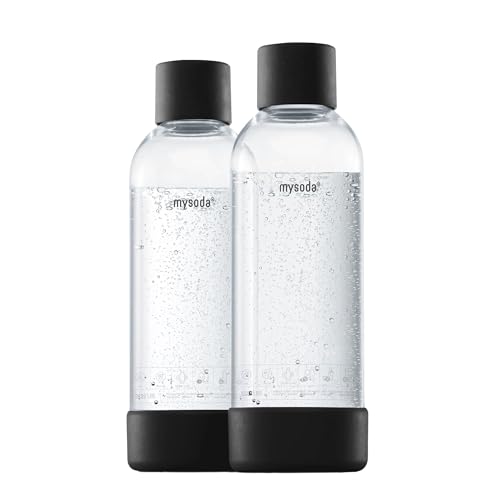 Mysoda: Wiederverwendbare BPA-freie Plastikflasche mit Schnellblasmechanismus und Holzverbundwerkstoff Kork & Boden, Kompatibel Kohlensäure-Maschinen, 2 x 1L - Schwarz
