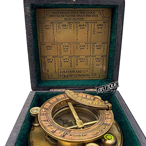 Antique Vibes Kompass mit Sonnenuhr für Männer, Frauen, Kinder, Seemann/Piratengeschenke, Vintage-Stil, Kompass in Holzbox, M, Messing & Schwarz
