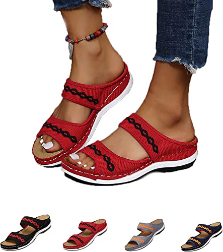 Grigral Sandals, Women's Orthopedic Arch Support Sandals, Comfortable Walking Cross Sandals, Summer Slip-on Wedge Open Toe Slippers for Women. (40 EU, Red)