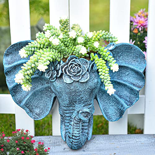 Sungmor Elephant Head Shaped Wandbehang Pflanzgefäß, Blumenpflanzentopf - Harz & Handbemalt & Blau - Skulptur Garten Wanddekoration im Freien, Pflanzenbehälter