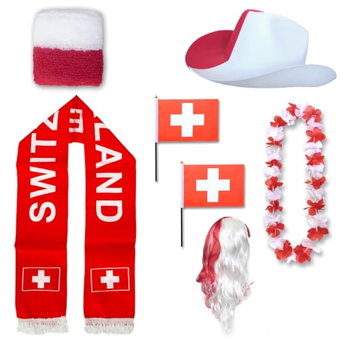 Sonia Originelli Fan-Paket Schweiz Switzerland WM EM Fußball Schal Hawaiikette Hut Schweissband Fahne Perücke