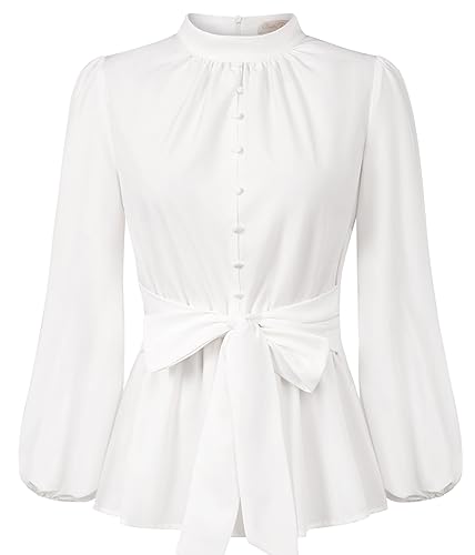 Belle Poque Damen Bluse Laternenärmel Stehkragen mit Schleife Oberteile mit Rüschen Tops Vintage Weiß XL