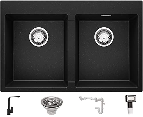 Küchenspüle Schwarz Metallic 78 x 50 cm, Spülbecken + Wasserhahn Küche + Ablauf-Set, Granitspüle ab 80er Unterschrank, Einbauspüle von Primagran