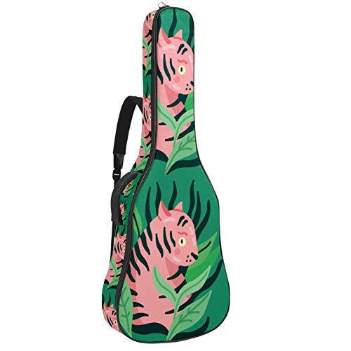 Gigbag für Gitarre, wasserdicht, Reißverschluss, weich, für Bassgitarre, Akustik- und klassische Folk-Gitarre, Tiger umgeben von Blättern Grün