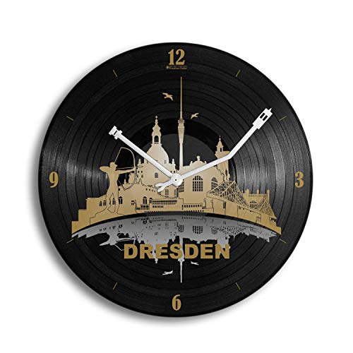 Kreative Feder Dresden Music Schallplatten-Uhr Retro Vinyl Designer Funk Wanduhr leise Funkuhr ohne Ticken 30cm WSP039FL (leises Funkuhrwerk)