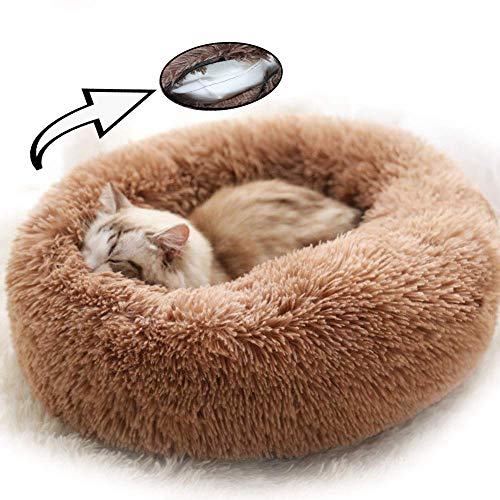 Snuggly Calming Katzenbett Donut Kätzchen Höhle Flauschiges Kunstfell Haustier Kissen mit äußerem waschbarem Bezug, rutschfest, warm, im Winterschlafkorb
