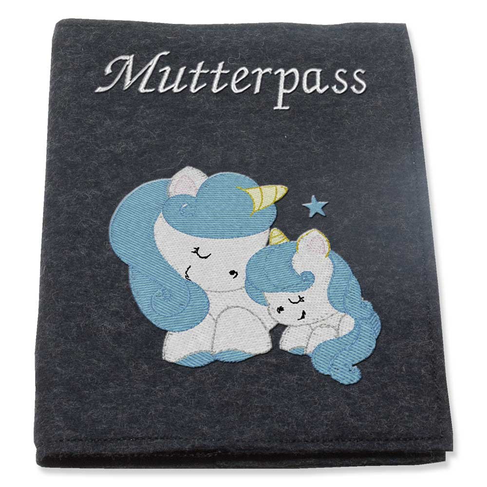 Mutterpass-hülle Wollfilz bestickt Motiv Einhorn hellblau Filzfarbwahl hellgrau grau dunkelgrau Handarbeit passend für den deutschen Mutterpass (dunkelgrau)