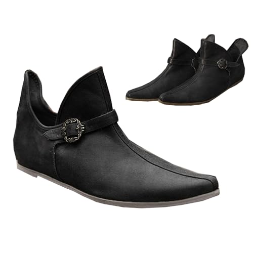 Mittelalterliche Stiefel Männer Frauen Kurze Stiefel PU Leder Flache Schuhe mit Verstellbaren Gürtelschnalle Retro Leder Stiefeletten für Männer Frauen,Schwarz,47
