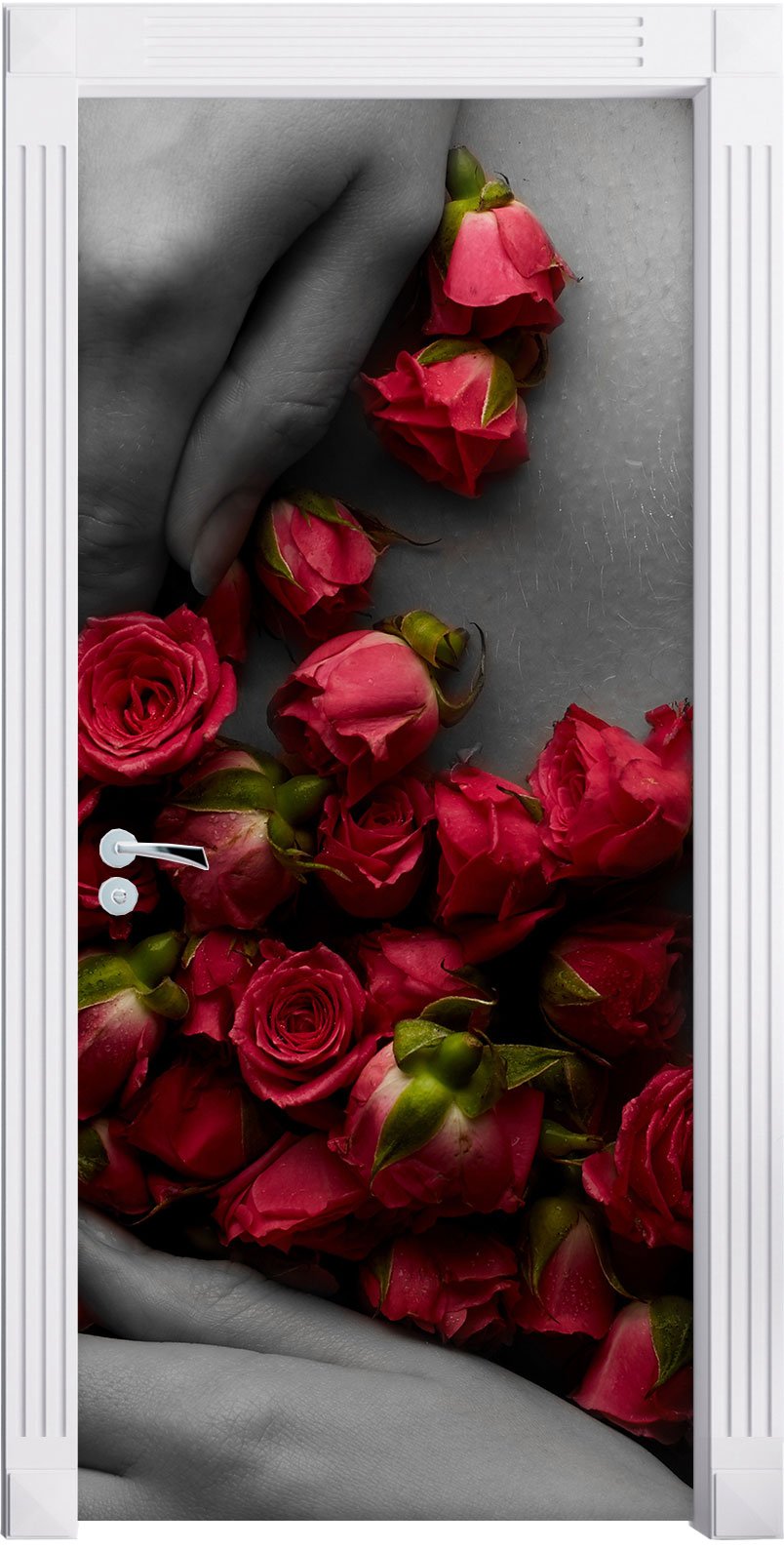 Stil.Zeit Möbel Sinnlicher weiblicher Körper mit Rosen Blumen B&W Detail als Türtapete, Format: 200x90cm, Türbild, Türaufkleber, Tür Deko, Türsticker