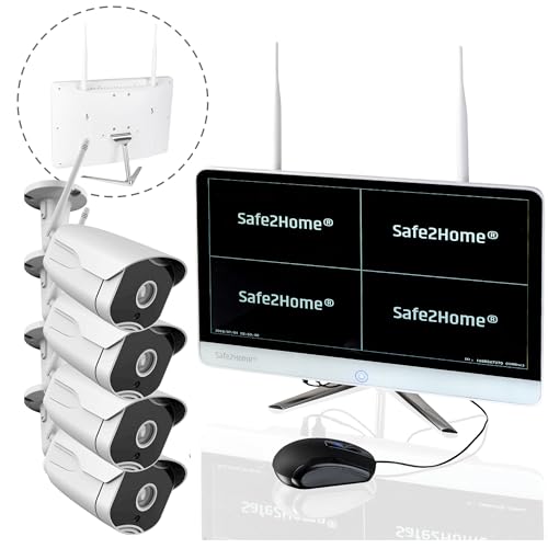 Safe2Home® Funk Überwachungskamera Set deutsch - 4X Full HD Cam Nachtsicht - Kamera Set Monitor inkl Rekorder - Videoüberwachung kabellos innen - außen Kameras 2,4 GhZ