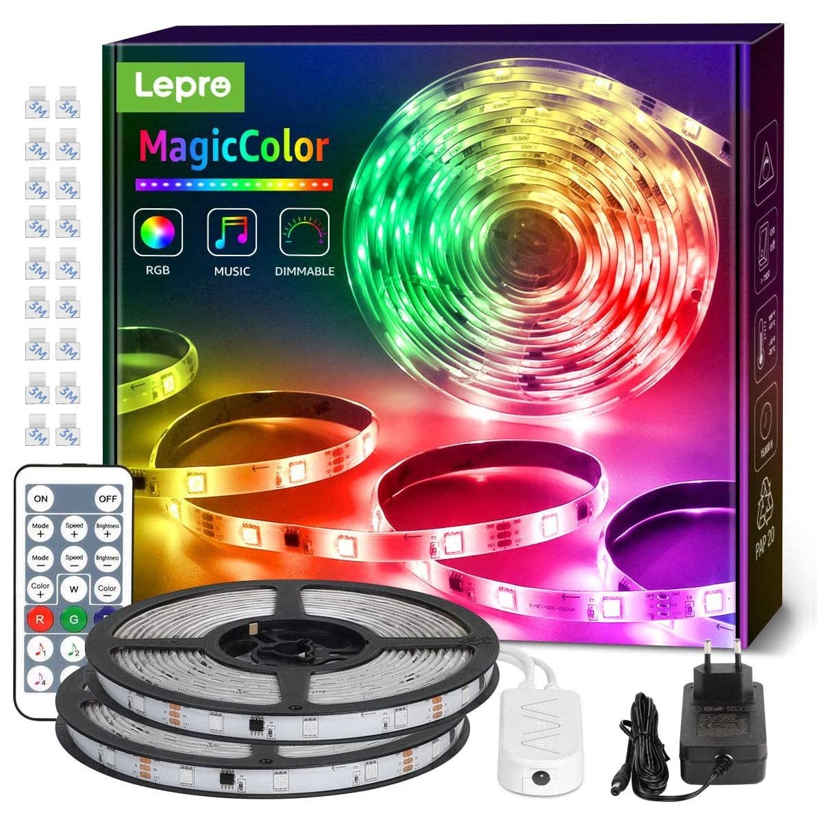 Lepro MagicColor LED Strip 20M(2x10M), 600 LEDs Streifen Lichterkette DreamColor, Lichterkette MagicColor, Musik Band mit Fernbedienung, Lichtband Wasserdicht IP65, MagicColor Dimmbar Lichtleiste