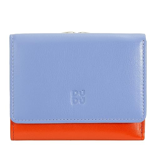 DUDU Kleine Damen-Brieftasche aus Leder mit RFID-Schutz, Münzfach und Klickverschluss, kompakt, 8 Kartenfächer Pastellblau