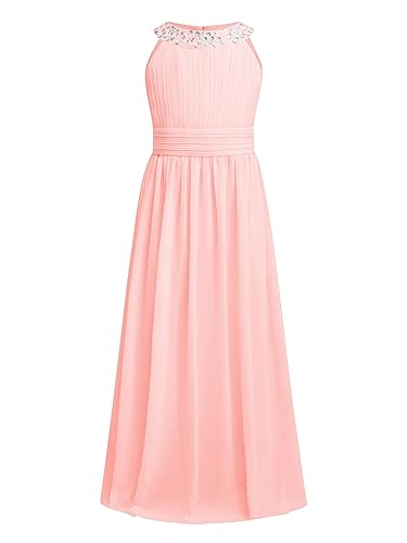 Freebily Blumenmädchen Kleider Mädchen Festlich Elegant Partykleid Chiffon Prinzessin Kleid Hochzeit Brautjungfer Kleid Festival Abendkleider lang Perlen Rosa 152