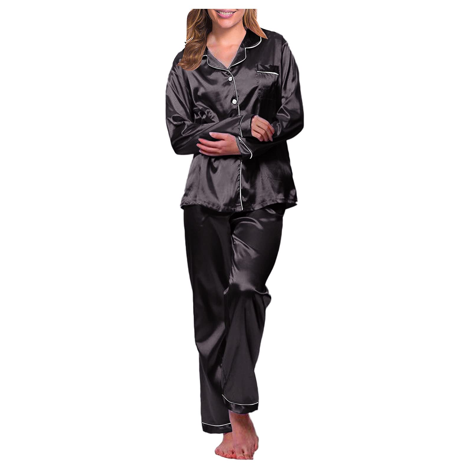 Schlafanzug Damen Lange Satin Button-Down Revers Pyjama Nachtwäsche Set Sexy Lose Pyjamas Nachthemd Homewear (schwarz, XL)